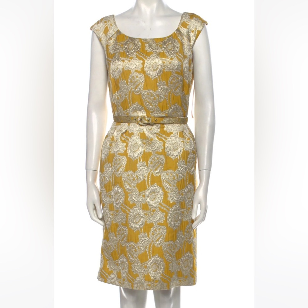 Kate Spade gold cocktail dress with a metallic flower motif